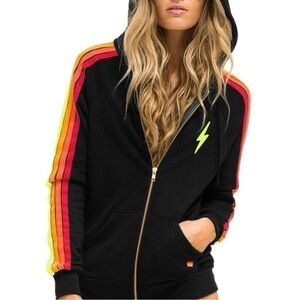 Aviator Nation charcoal gray zip up, lightning bolt and neon stripes
